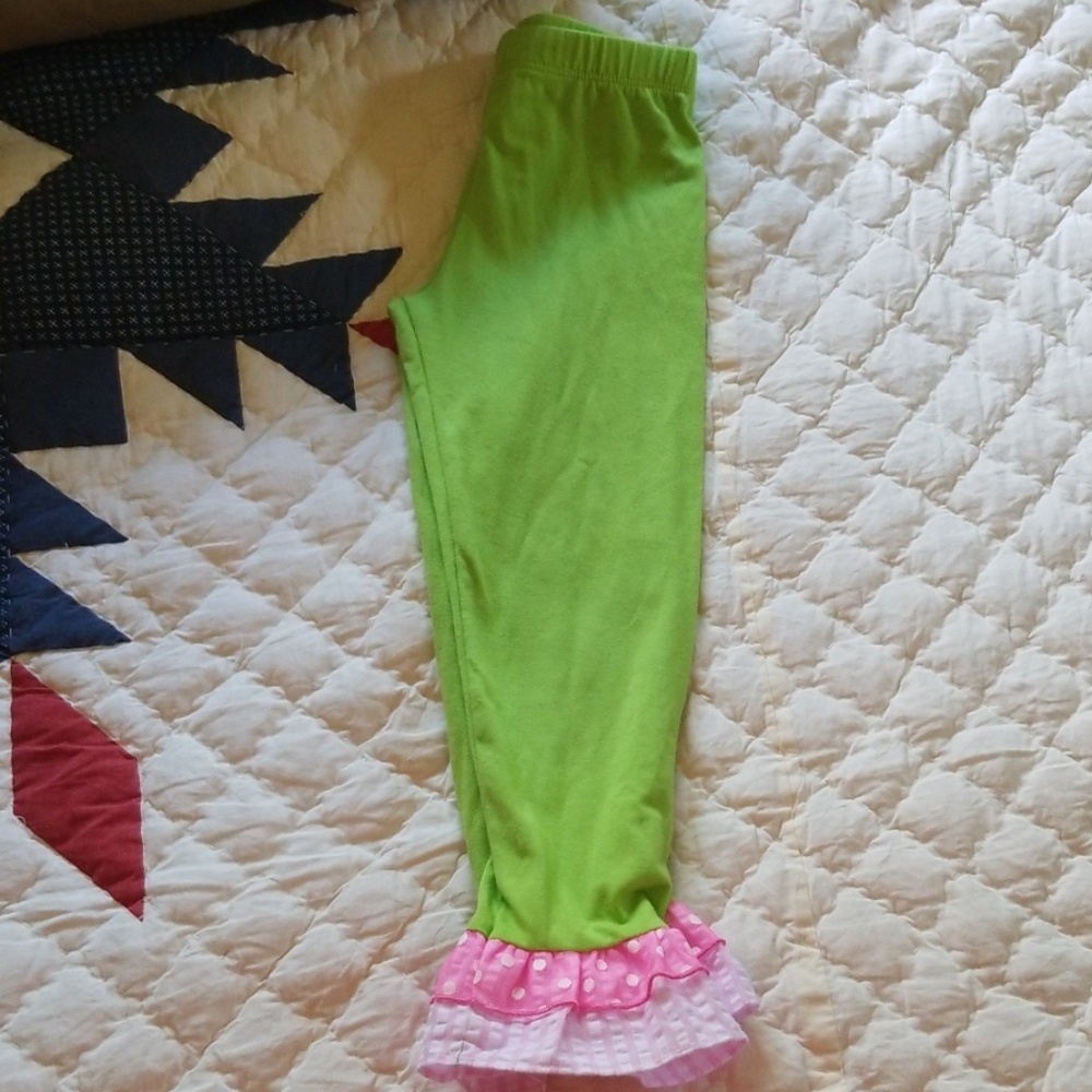 Girls lime green with pink ruffles leggings size 4